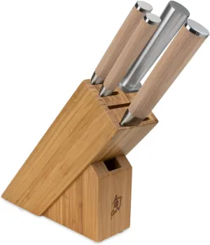 Shun Classic Blonde 5 Piece Starter Block Set, Includes 8" Chef, 3.5" Paring & 6" Utility Knives, Handcrafted Japanese Knife Block Set, Damascus Stainless Steel Cladding, Pakkawood Handle