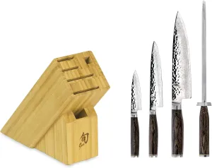 Shun Premier 5 Piece Starter Block Set, Includes 8" Chef's Knife, 4" Paring Knife, 6.5" Utility Knife, Honing Steel & Slimline Bamboo Knife Block, Handcrafted Japanese Knife Set, Pakkawood Handles