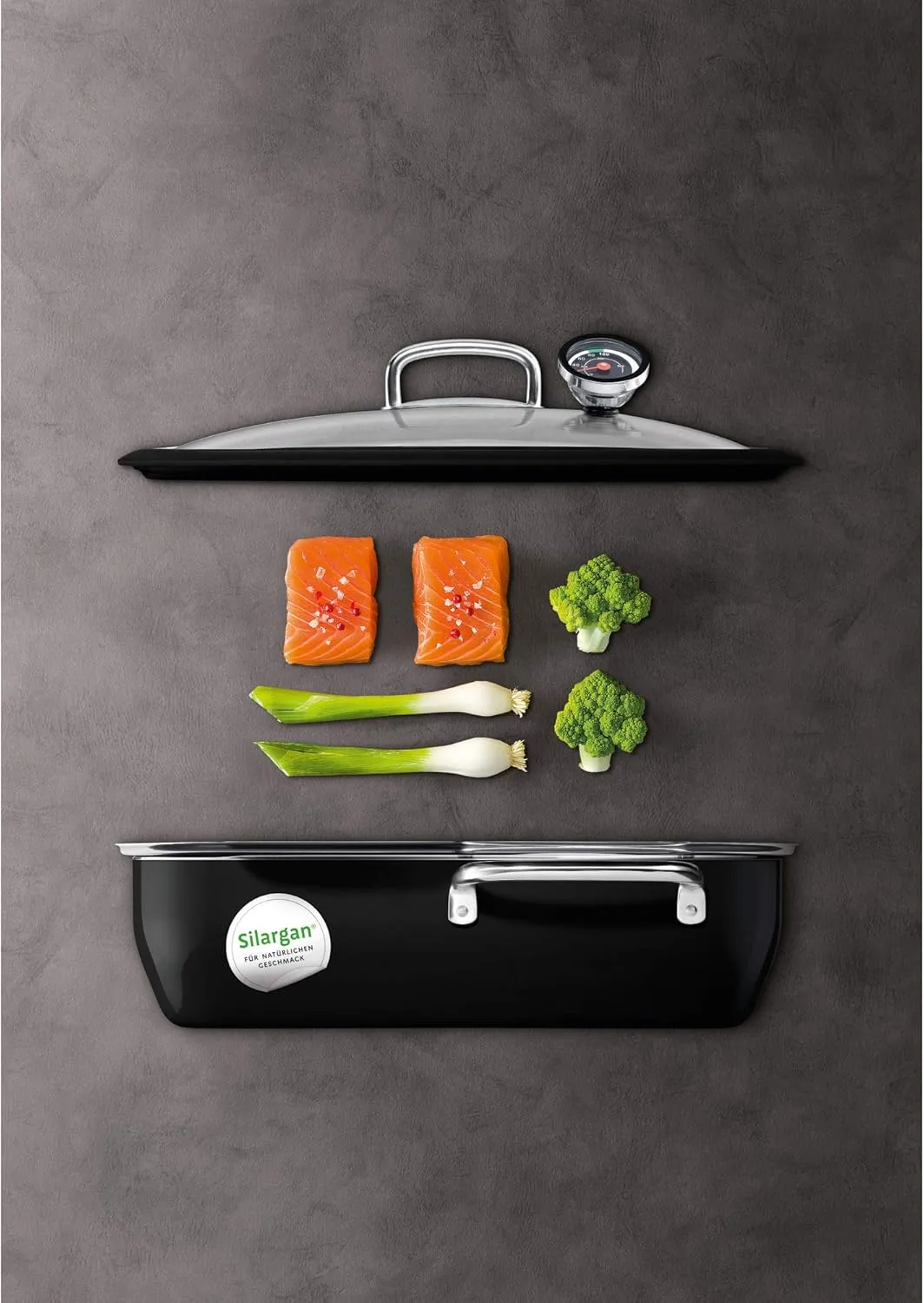 Silit 2136266112 Ecompact with Silicone Edge and Thermometer Silargan Functional Ceramic Steam Cooker, Black, 35.6 x 18.4 x 33.3 cm, 6.7 Litre
