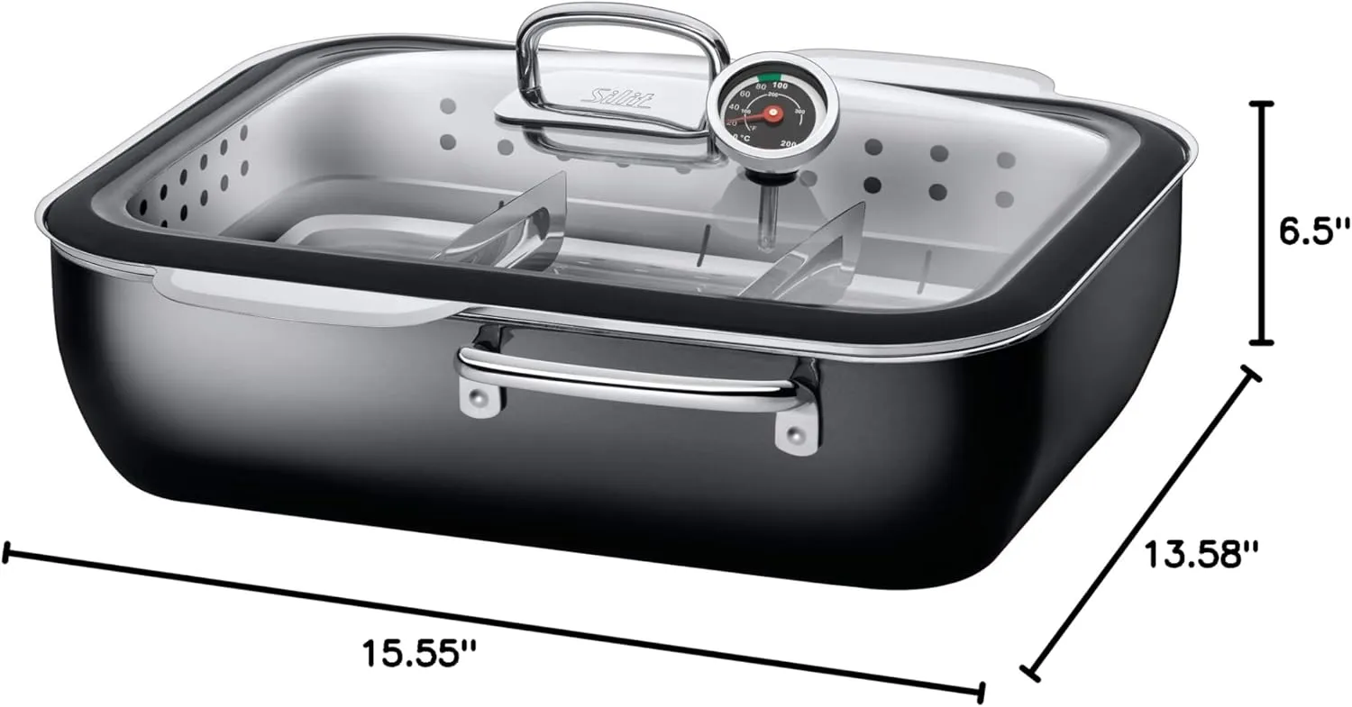 Silit 2136266112 Ecompact with Silicone Edge and Thermometer Silargan Functional Ceramic Steam Cooker, Black, 35.6 x 18.4 x 33.3 cm, 6.7 Litre