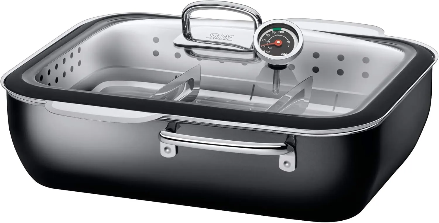 Silit 2136266112 Ecompact with Silicone Edge and Thermometer Silargan Functional Ceramic Steam Cooker, Black, 35.6 x 18.4 x 33.3 cm, 6.7 Litre