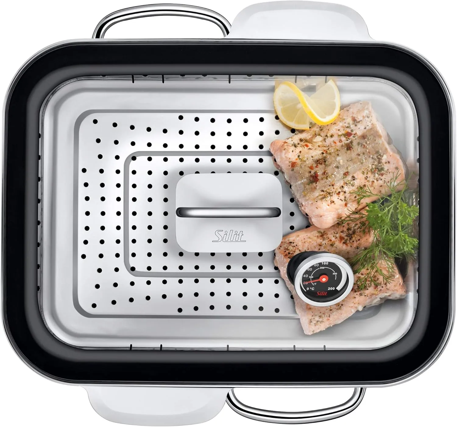 Silit 2136266112 Ecompact with Silicone Edge and Thermometer Silargan Functional Ceramic Steam Cooker, Black, 35.6 x 18.4 x 33.3 cm, 6.7 Litre