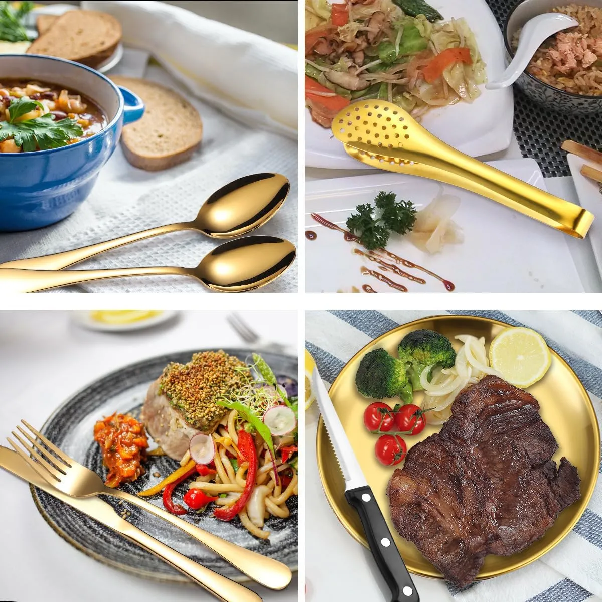 Silverware Flatware Cutlery Set, Outdoor Camping Stainless Steel Table Knife, Fork, Spoon, Plate, Food Clip, Portable Tableware Bag Set.Gold-12Set