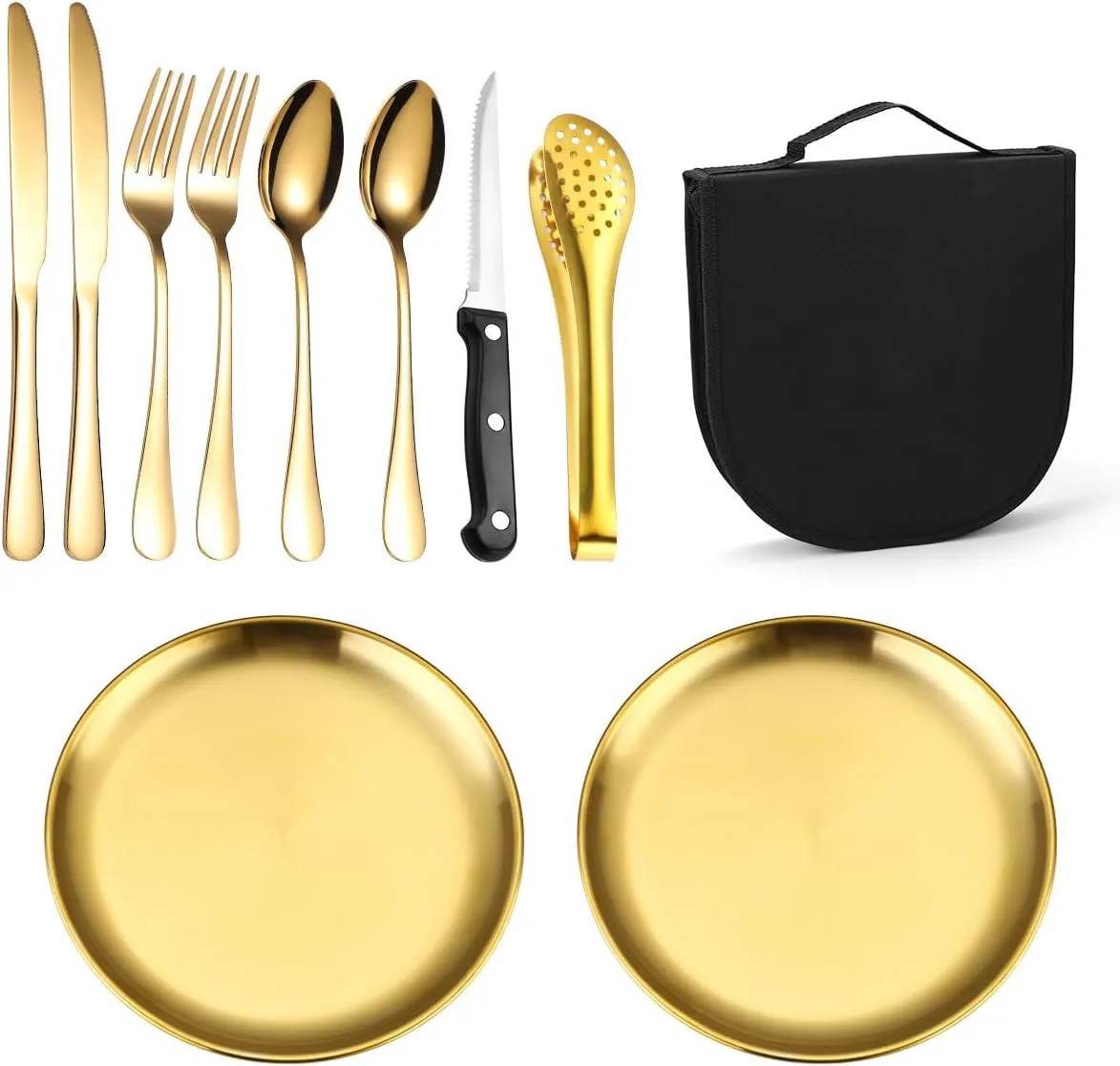 Silverware Flatware Cutlery Set, Outdoor Camping Stainless Steel Table Knife, Fork, Spoon, Plate, Food Clip, Portable Tableware Bag Set.Gold-12Set