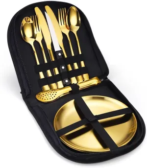 Silverware Flatware Cutlery Set, Outdoor Camping Stainless Steel Table Knife, Fork, Spoon, Plate, Food Clip, Portable Tableware Bag Set.Gold-12Set