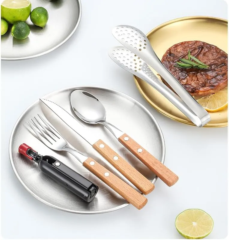 Silverware Flatware Cutlery Set， Outdoor Camping Two-person Tableware Set 304 Stainless Steel Wooden Handle Knife， Fork， Spoon， Steak Clip， Bottle Opener，Red Gold-12Set