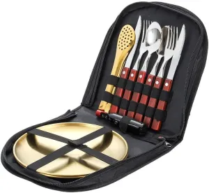 Silverware Flatware Cutlery Set， Outdoor Camping Two-person Tableware Set 304 Stainless Steel Wooden Handle Knife， Fork， Spoon， Steak Clip， Bottle Opener，Red Gold-12Set