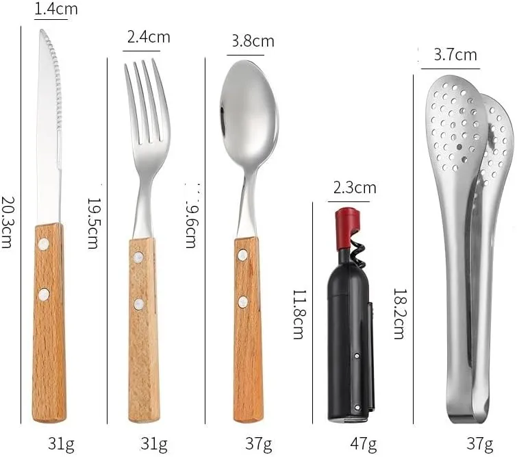 Silverware Flatware Cutlery Set， Outdoor Camping Two-person Tableware Set 304 Stainless Steel Wooden Handle Knife， Fork， Spoon， Steak Clip， Bottle Opener，Red Gold-12Set