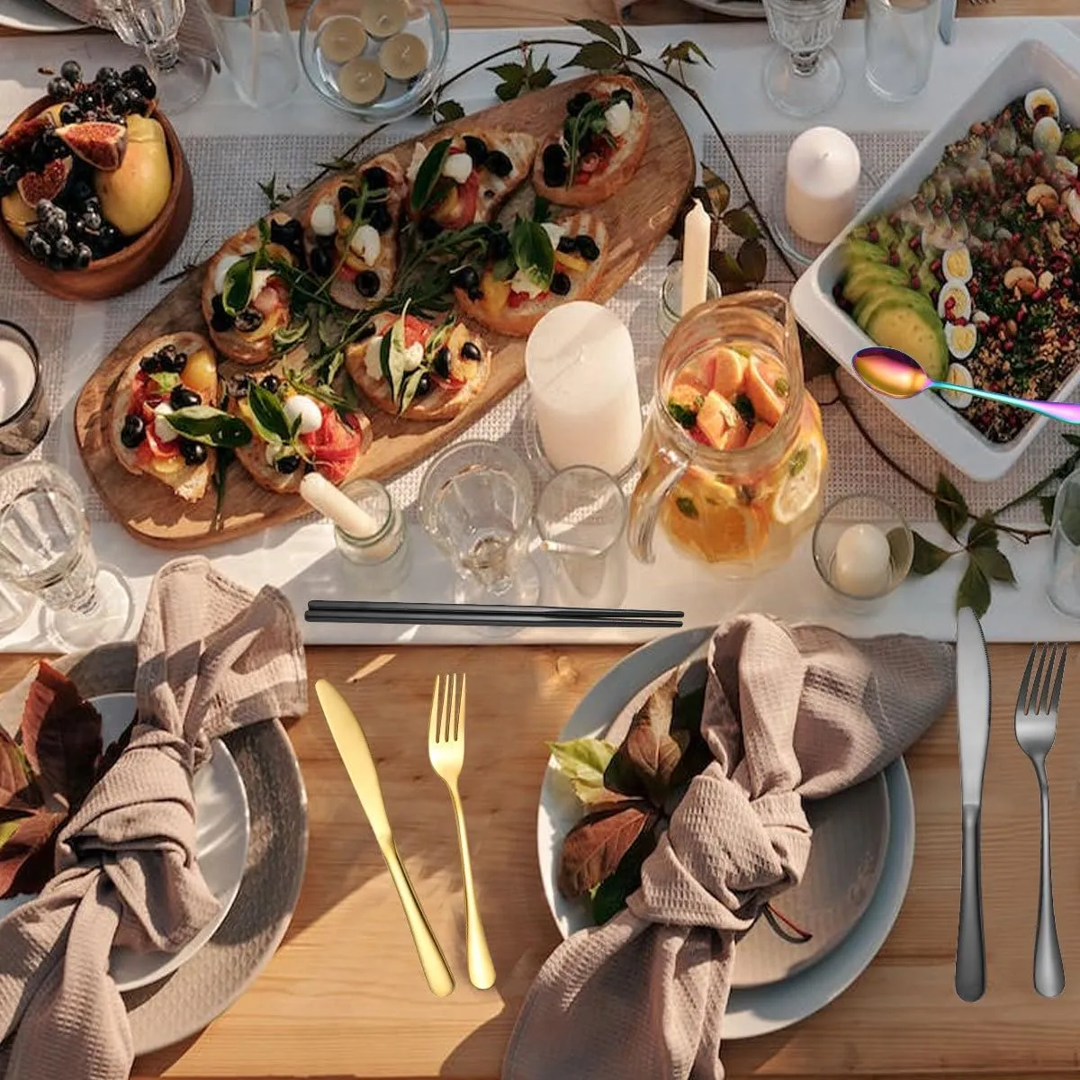Silverware Flatware Set, 8/32/48/64/80/96 Piece Stainless Steel Portable Tableware Set Outdoor Picnic Knife, Fork, Spoon, Chopsticks And Straws 8-piece Set Family Dinner Storage Bag(Rose Go