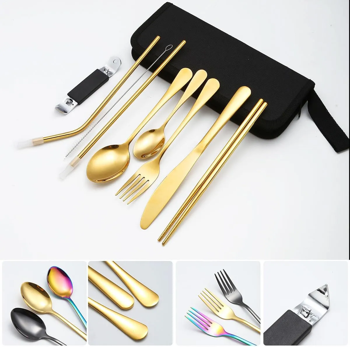 Silverware Flatware Set, 9/36/54/72/90/108 Piece Stainless Steel Portable Tableware Set Outdoor Picnic Knife, Fork, Spoon, Chopsticks, Straw, Family Dinner Storage Bag(Gold,72 Piece set for