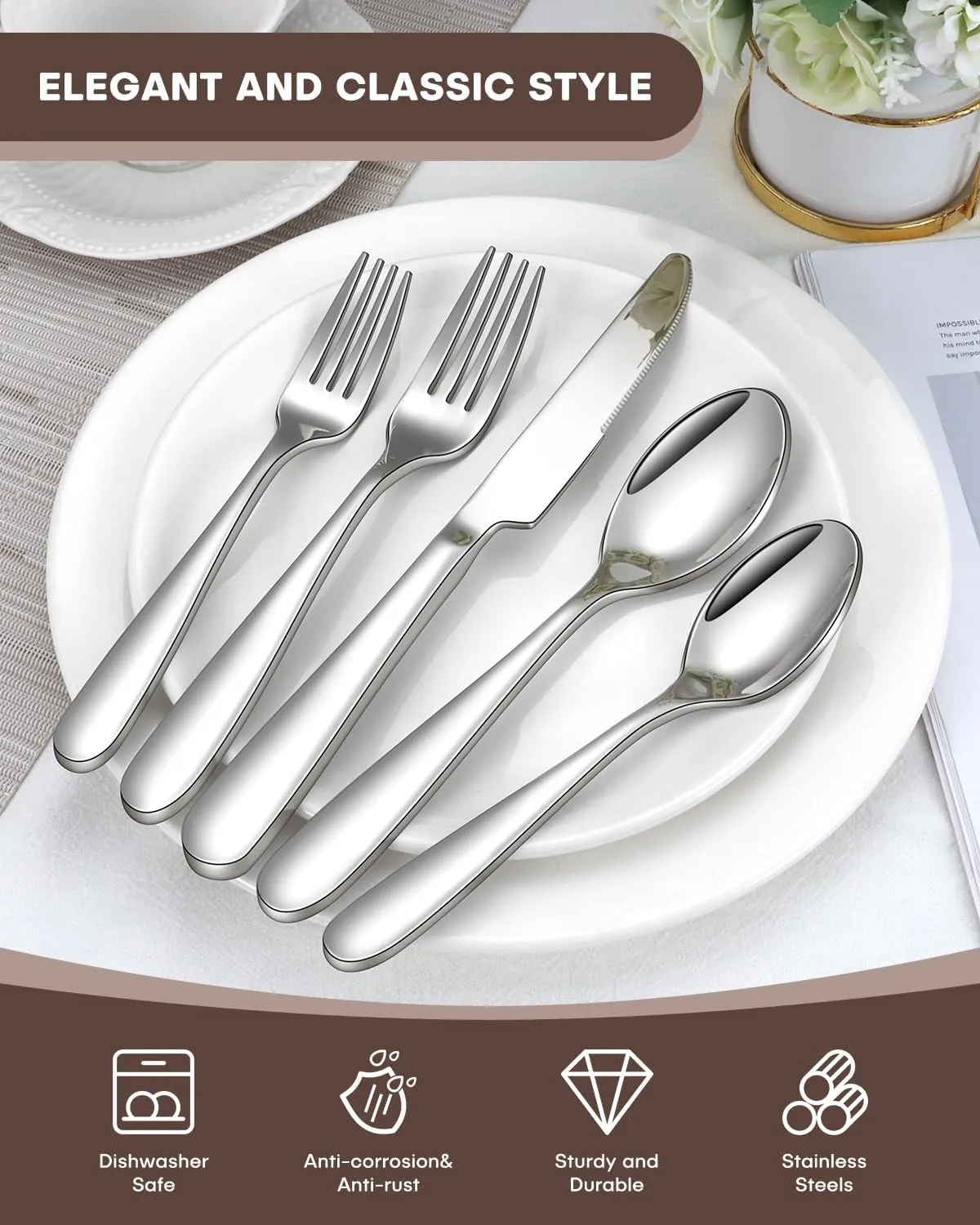 Silverware Set, 40PCS Premium Stainless Steel Flatware Set Service for 8 with Spoon Fork Knife Utensil Set for Dairy Kitchen Use Dinning Cutlery Tableware Set Mirror Polished, Dishwasher Safe