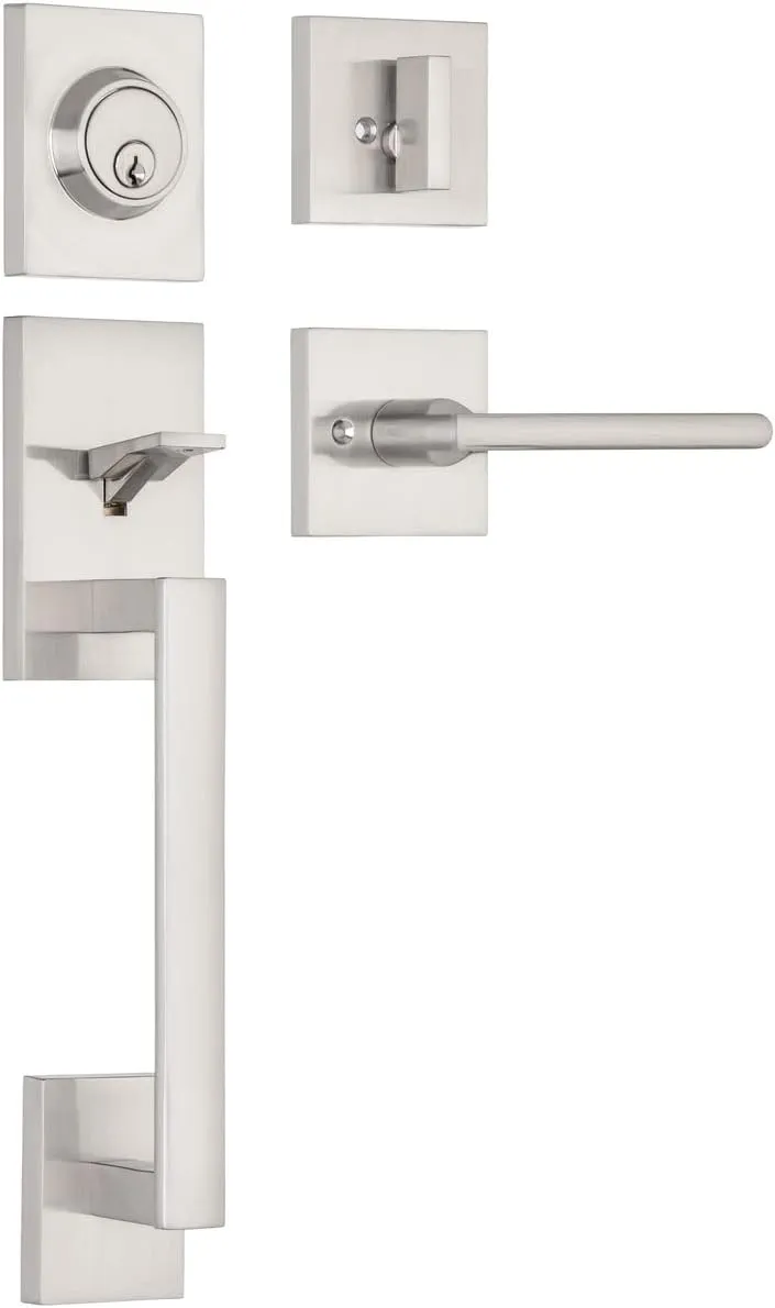 Single Door Handle Set with Single Cylinder Deadbolt, Rectangular Adjustable Entry Door Lock Set (Arch Lever, Brushed Nickel)