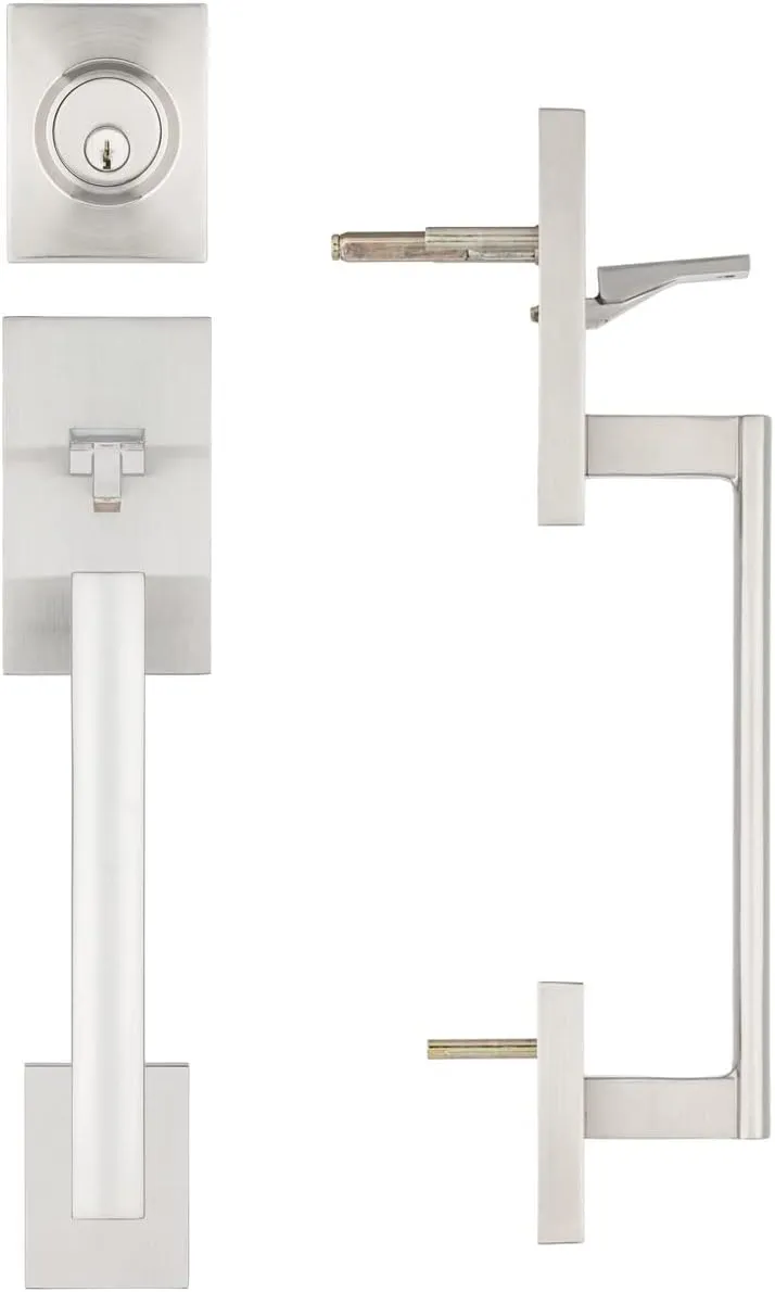 Single Door Handle Set with Single Cylinder Deadbolt, Rectangular Adjustable Entry Door Lock Set (Arch Lever, Brushed Nickel)