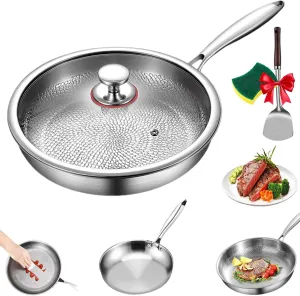 Siraatskitchen Titanium Hammered Pan Pro With Lid, Ultra-Durable Titanium Pro Cookware, Multifunctional Scratch-Resistant Non Stick Frying Pan, Compatible With All Cooktops (10.23in)