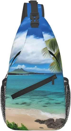 Sling Bags for Women Men Tropical Palm Tree Hawaii Beach Sling Backpack Adjustable Belt Bum Bags Fanny Pack for Travel Sports Running Hiking Waist Packs