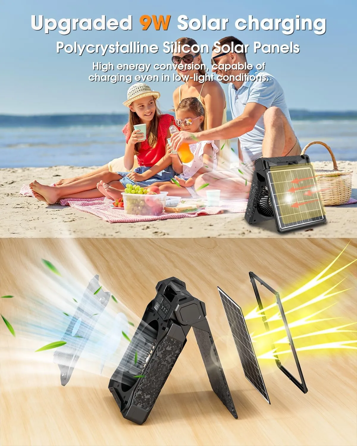Solar Camping Fan 20000mAh, Solar Powered Fan with LED Lantern, Upgrade 9W Rechargeable Battery Operated Fans for Outside, 4 Speeds, 8H Timer and Quiet Battery Powered Solar Tent Fans for Outdoor
