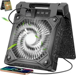 Solar Camping Fan 20000mAh, Solar Powered Fan with LED Lantern, Upgrade 9W Rechargeable Battery Operated Fans for Outside, 4 Speeds, 8H Timer and Quiet Battery Powered Solar Tent Fans for Outdoor