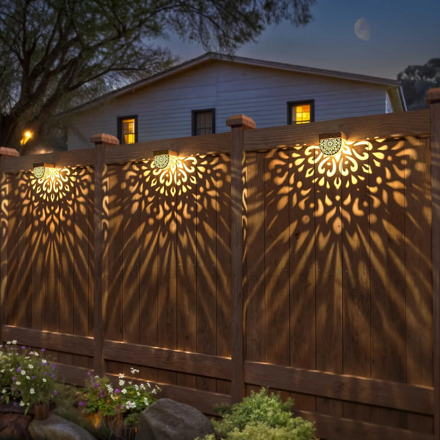Solar Fence Lights 6 Pack Solar Step Lights Outdoor Waterproof LED Solar Powered Wall Lights Outdoor Decorations Warm Yellow Light Decorative Lighting for, Front Door, Backyard (Gold)