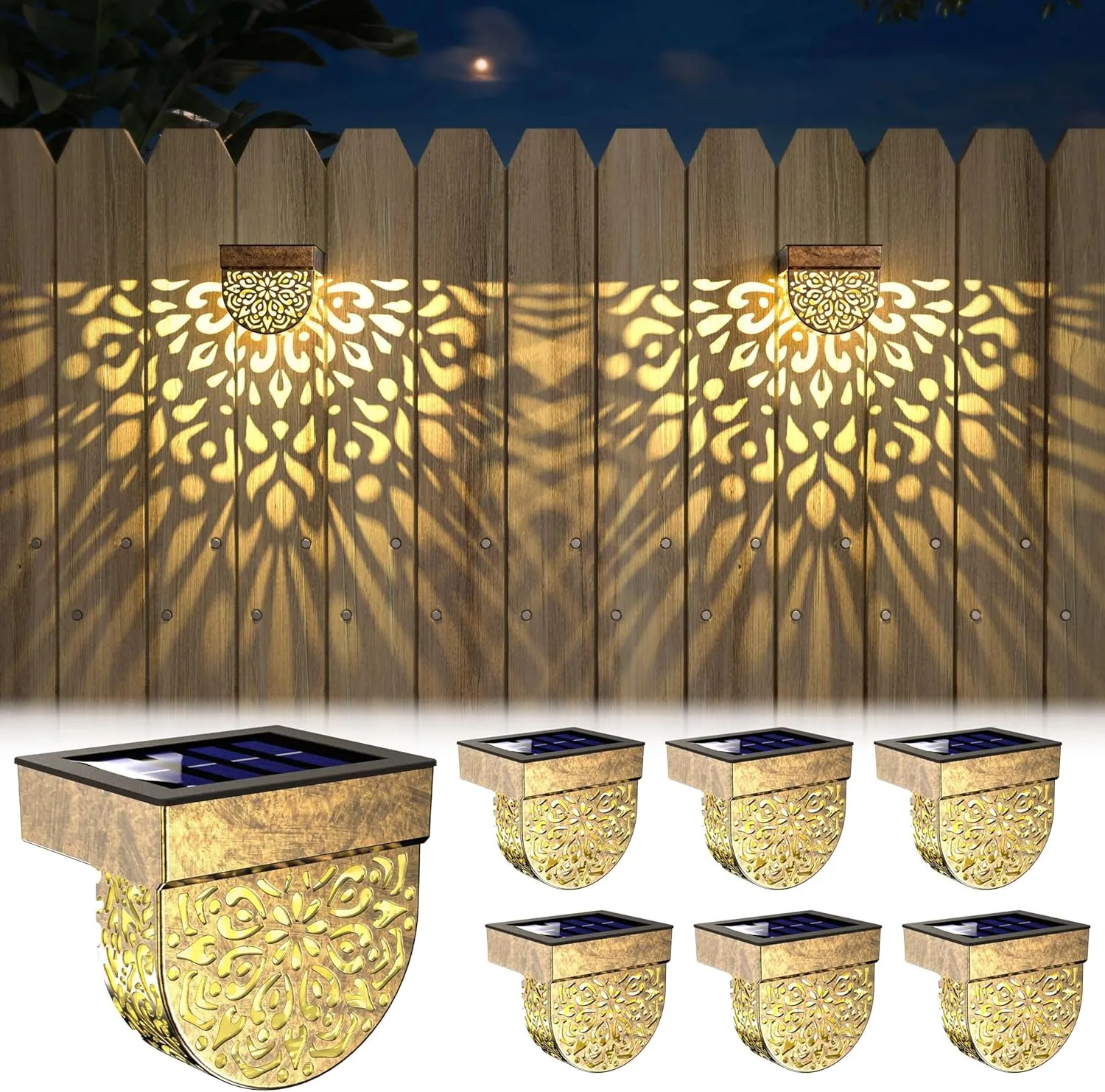 Solar Fence Lights 6 Pack Solar Step Lights Outdoor Waterproof LED Solar Powered Wall Lights Outdoor Decorations Warm Yellow Light Decorative Lighting for, Front Door, Backyard (Gold)