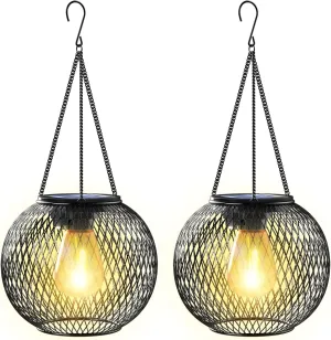 Solar Lantern Outdoor, Upgraded Hanging Lights Outdoor Garden Metal Lanterns Decorative Lighting Powered Waterproof Tree for Yard Patio Pathway, 2 Pack, Black