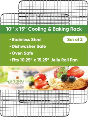Spring Chef 10" x 15" Stainless Steel Cooling Racks for Baking - Oven Safe - Cookie Racks for Cooling Cookies - Fits Jelly Roll Pan - Perfect for Grilling, Roasting, Cooking, Drying - Set of 2