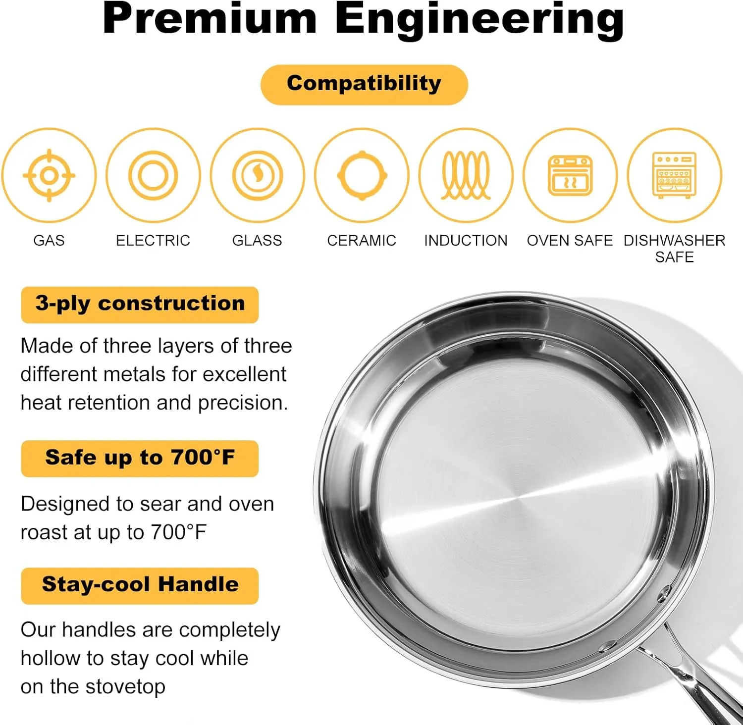 Stainless Steel Pan 10 in，Non-Toxic PFAS, PFOA & PTFE Free, Compatible With All Cooktops & Induction Safe, Oven Safe Pan for Searing & Sautéing, Long Lasting Cookware.10 Inch.