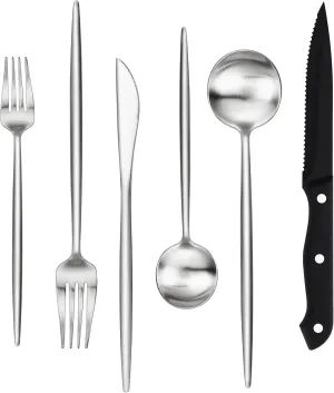 Stapava 24 Pieces Matte Silverware Set with Steak Knives, Stainless Steel Flatware Cutlery Set for 4, Kitchen Utensil Set Include Spoons Forks Knives, Satin Finished Polished, Dishwasher Safe