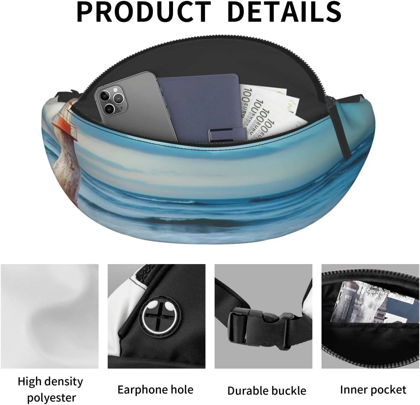 Starfish Lighthouse Beach Fanny Pack for Man Women Waist Bag Adjustable Belt Casual Chest Bag Bum Bags for Travel Sports Running Hiking Waist Packs