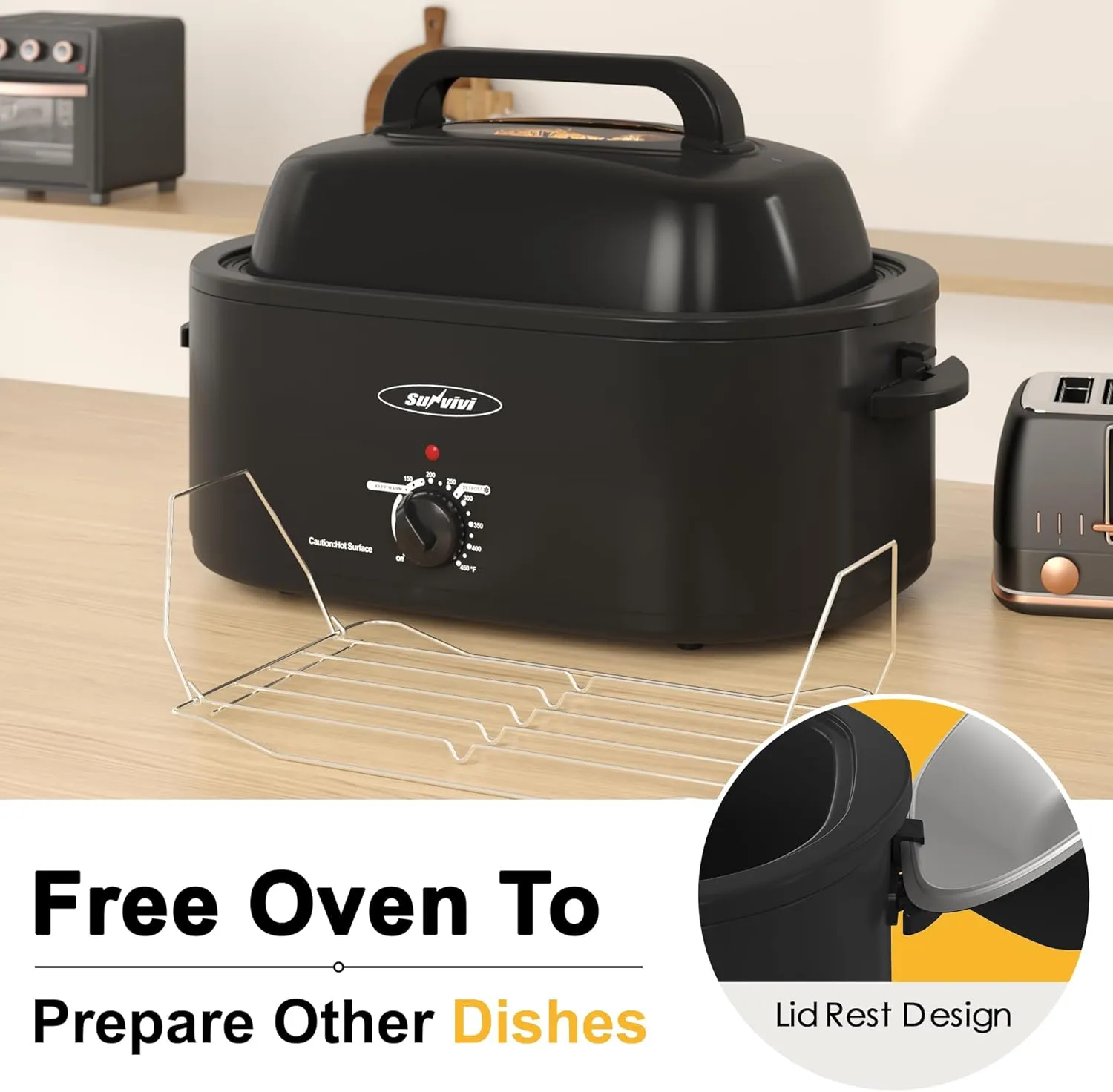 Sunvivi Roaster Oven, Electric Roaster Oven with Viewing Lid, 30lb 26-Quart Turkey Roaster with Unique Defrost/Warm Function, Large Roaster with Removable Pan & Rack, Stainless Steel, Black