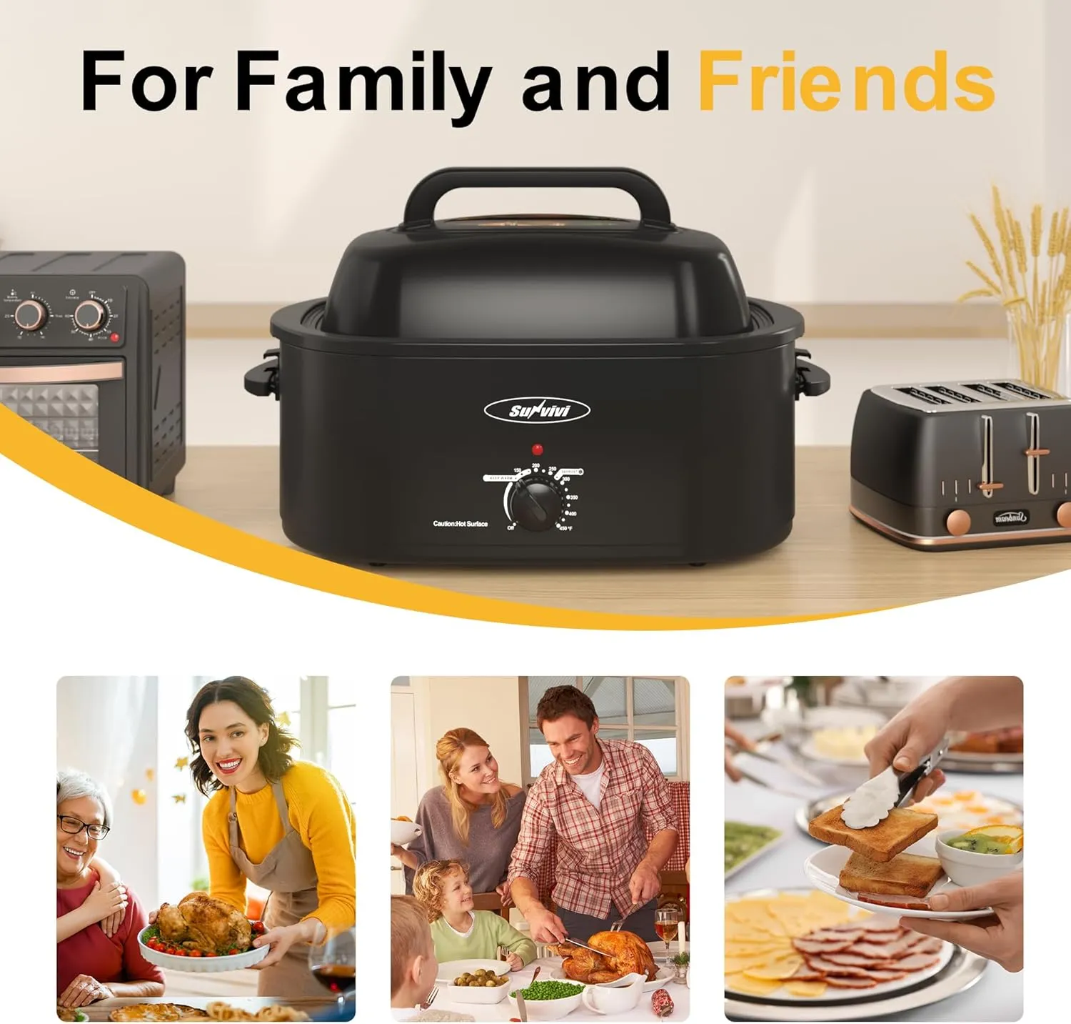 Sunvivi Roaster Oven, Electric Roaster Oven with Viewing Lid, 30lb 26-Quart Turkey Roaster with Unique Defrost/Warm Function, Large Roaster with Removable Pan & Rack, Stainless Steel, Black