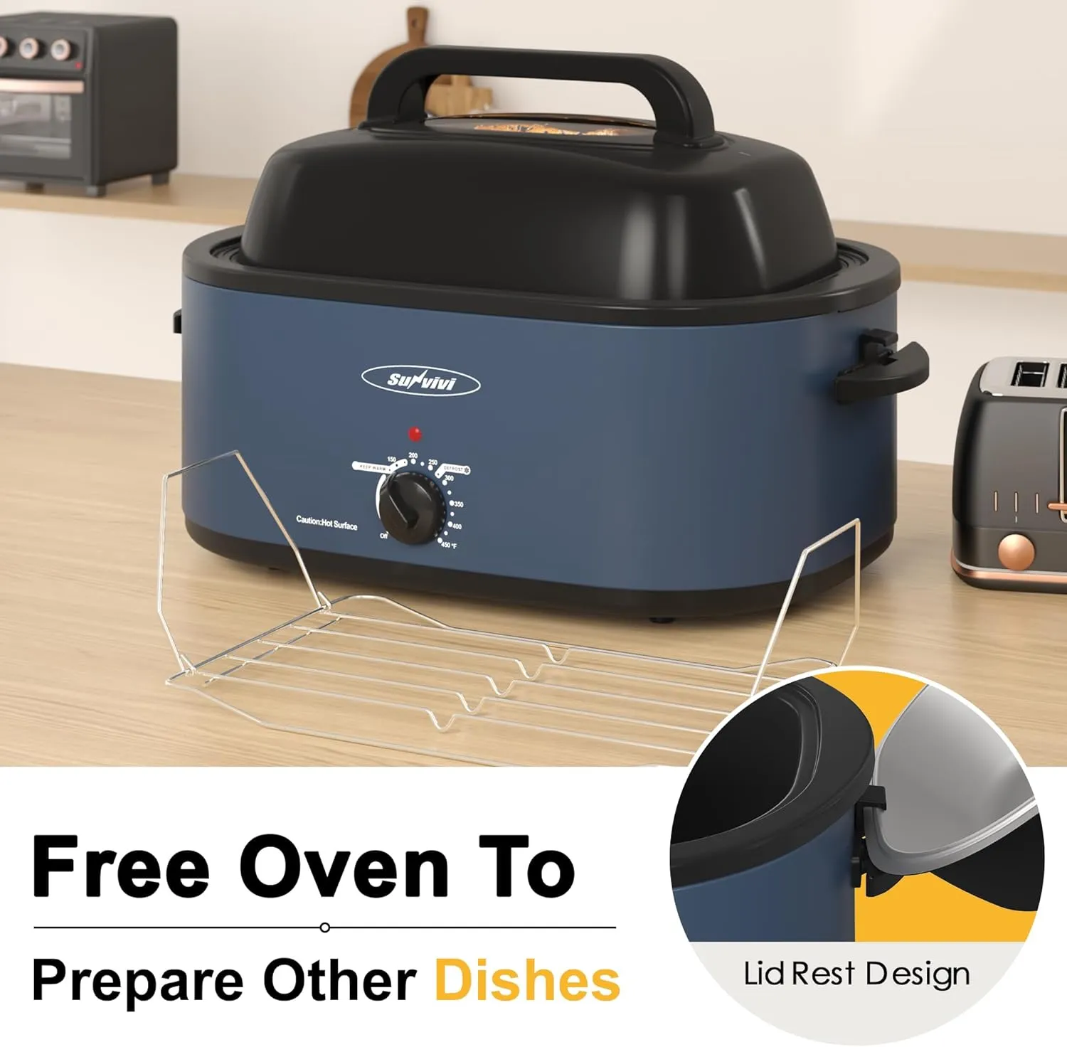 Sunvivi Roaster Oven, Electric Roaster Oven with Viewing Lid, 30lb 26-Quart Turkey Roaster with Unique Defrost/Warm Function, Large Roaster with Removable Pan & Rack, Stainless Steel, Blue