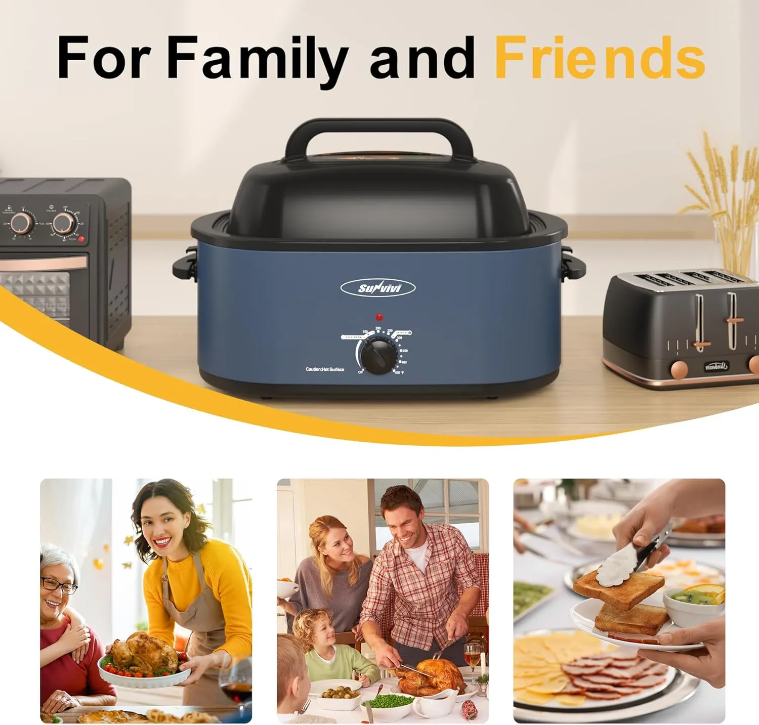 Sunvivi Roaster Oven, Electric Roaster Oven with Viewing Lid, 30lb 26-Quart Turkey Roaster with Unique Defrost/Warm Function, Large Roaster with Removable Pan & Rack, Stainless Steel, Blue