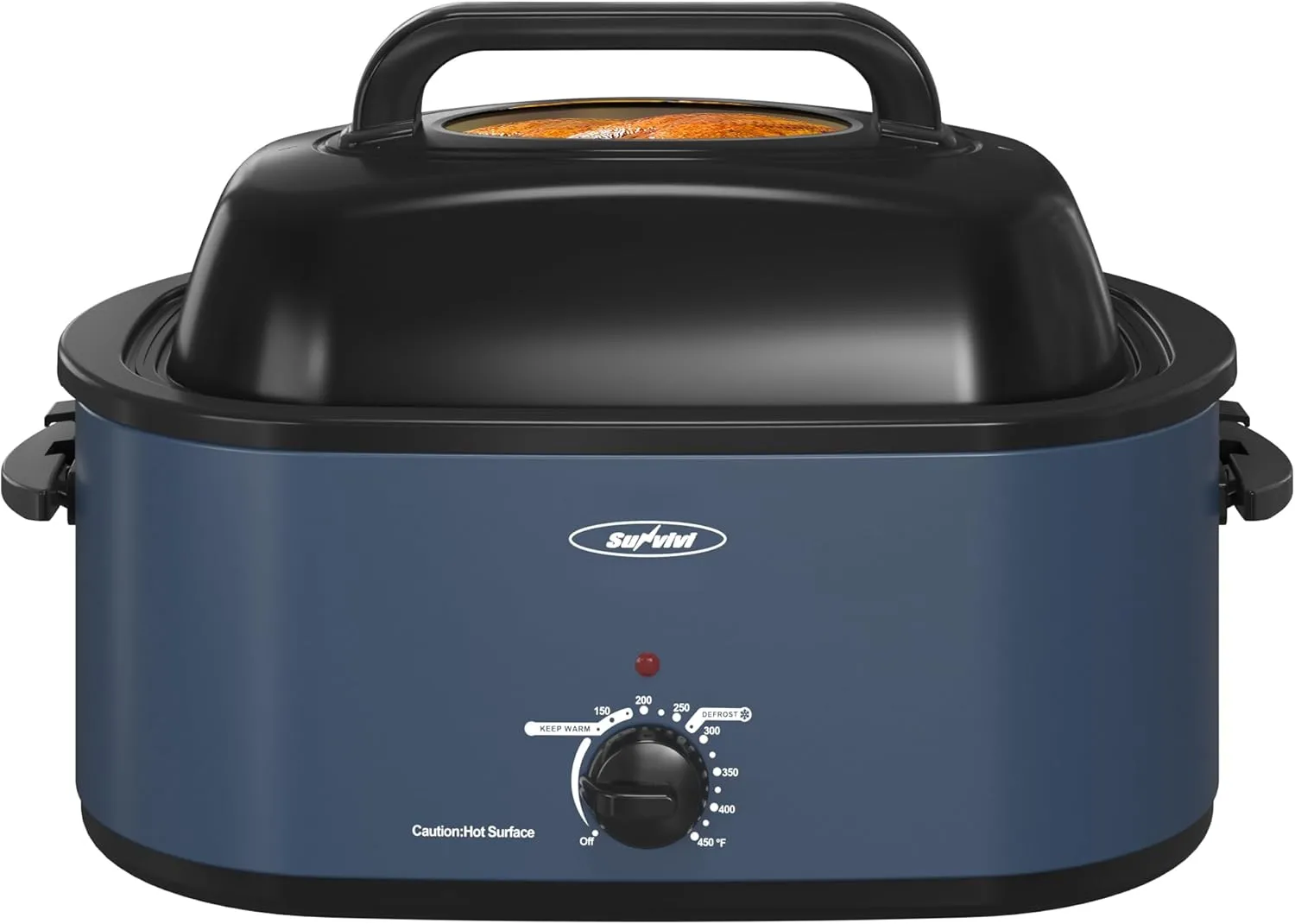 Sunvivi Roaster Oven, Electric Roaster Oven with Viewing Lid, 30lb 26-Quart Turkey Roaster with Unique Defrost/Warm Function, Large Roaster with Removable Pan & Rack, Stainless Steel, Blue