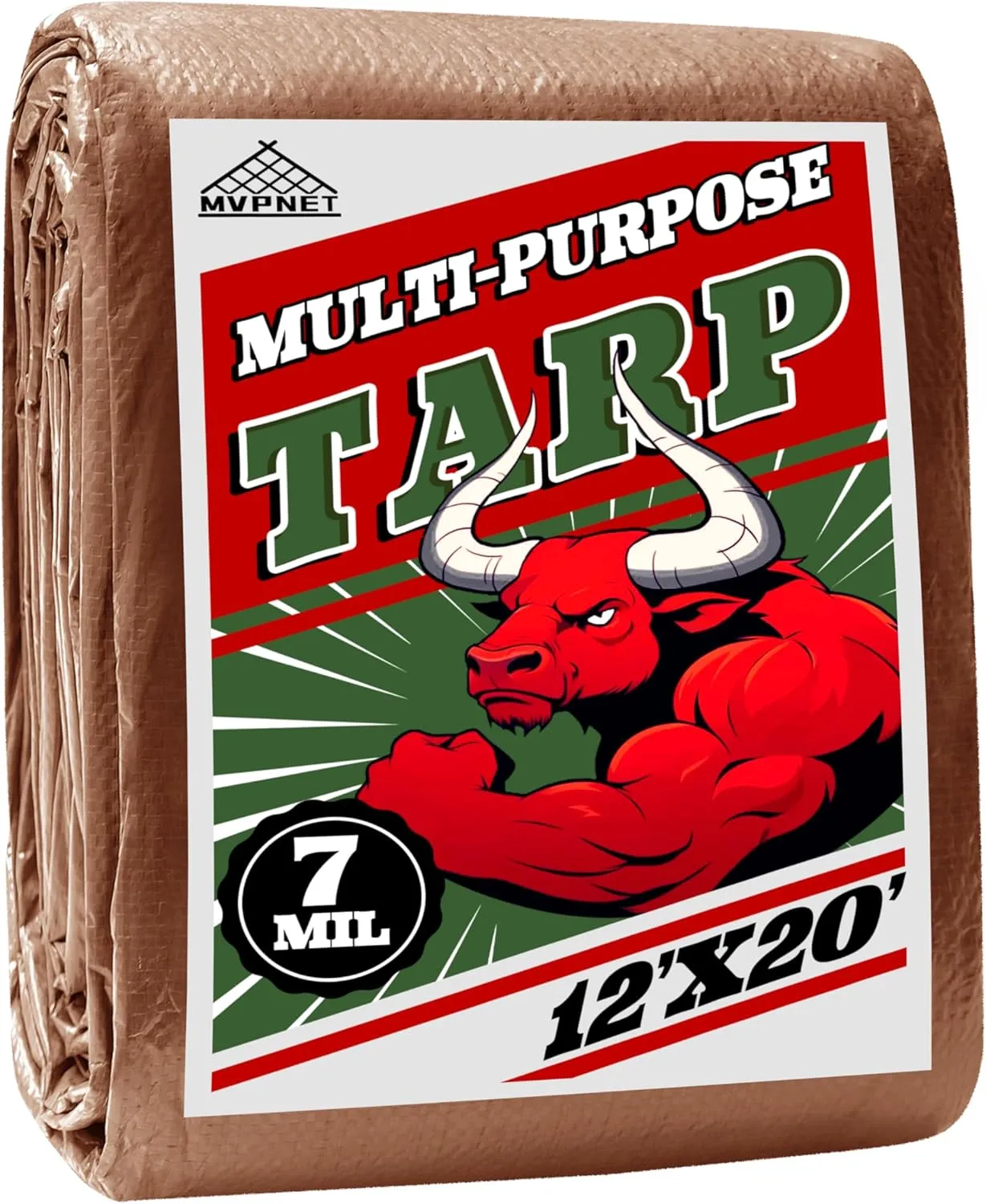 Tarp 12x20 ft 100% Waterproof 7mil Durable Grommets and Reinforced Edges,Uv Resistant,Green/Brown Tarp,Emergency Rain Shelter,Outdoor Cover and Camping Use -by MVPNET