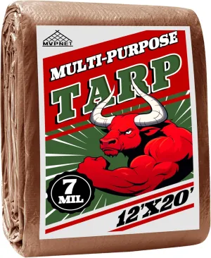 Tarp 12x20 ft 100% Waterproof 7mil Durable Grommets and Reinforced Edges,Uv Resistant,Green/Brown Tarp,Emergency Rain Shelter,Outdoor Cover and Camping Use -by MVPNET