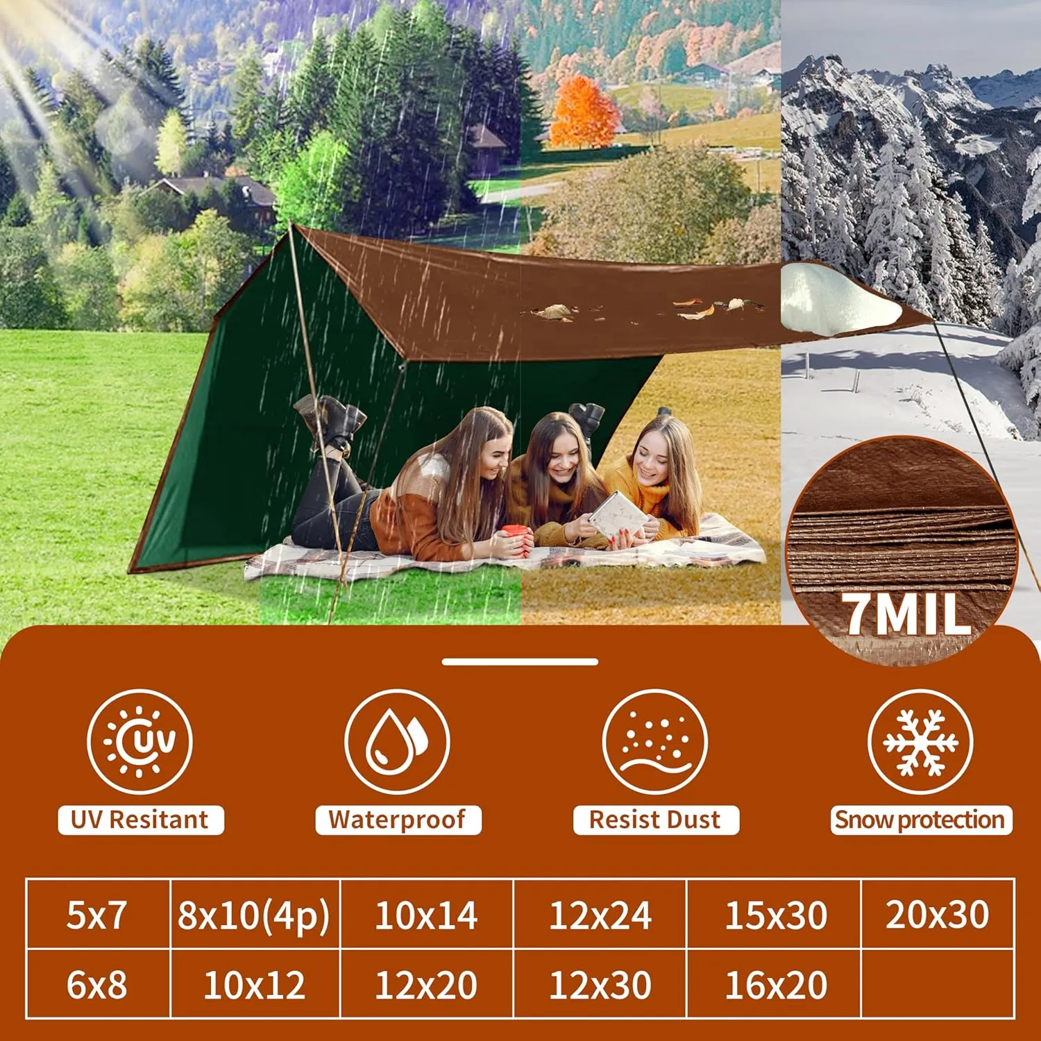 Tarp 12x20 ft 100% Waterproof 7mil Durable Grommets and Reinforced Edges,Uv Resistant,Green/Brown Tarp,Emergency Rain Shelter,Outdoor Cover and Camping Use -by MVPNET