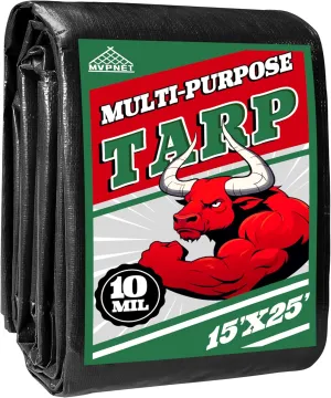 Tarp 15x25 ft Heavy Duty 100% Waterproof 10mil,UV Resistant,Durable Grommets and Reinforced Edges Green/Black Tarp for Camping, Swimming Pools,Car Coverage -by MVPNET