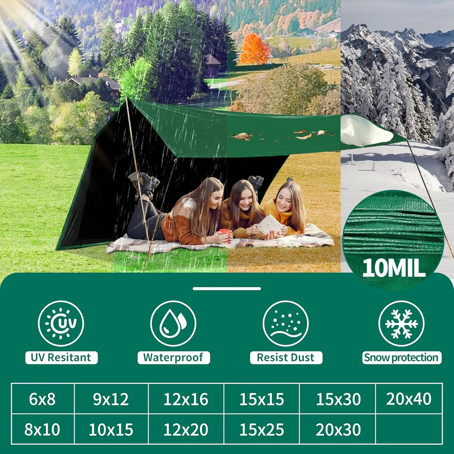 Tarp 15x25 ft Heavy Duty 100% Waterproof 10mil,UV Resistant,Durable Grommets and Reinforced Edges Green/Black Tarp for Camping, Swimming Pools,Car Coverage -by MVPNET