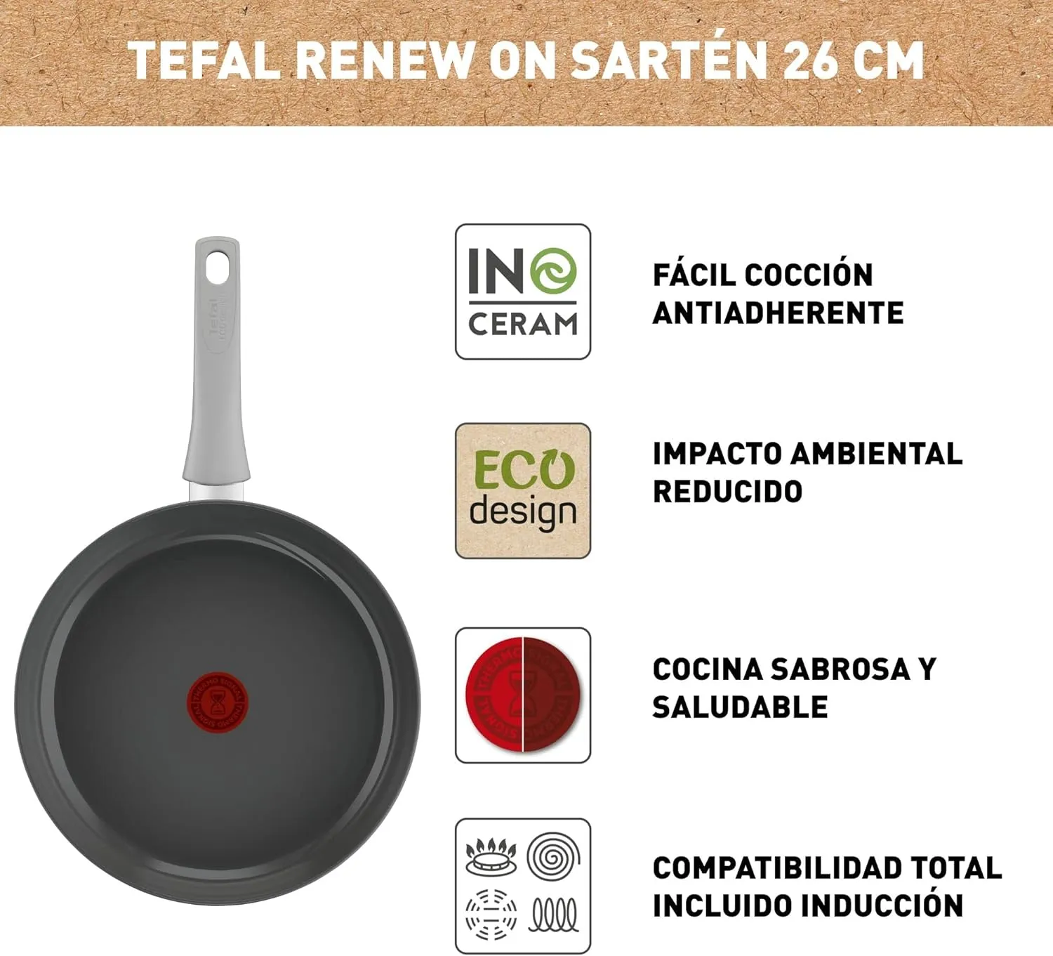 Tefal Renew On Set of 2 Frying Pans Grey 24/28 cm, Ceramic Non-Stick Coating, Induction, Thermo-Signal Cooking Indicator, Eco-Design, Healthy Cooking, Made in France C4279032