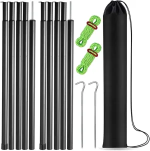 Tent Poles Adjustable Tarp Poles Steel Rods for Tarp Canopy Camping Replacement Set of 2  Pegs & Reflective Ropes