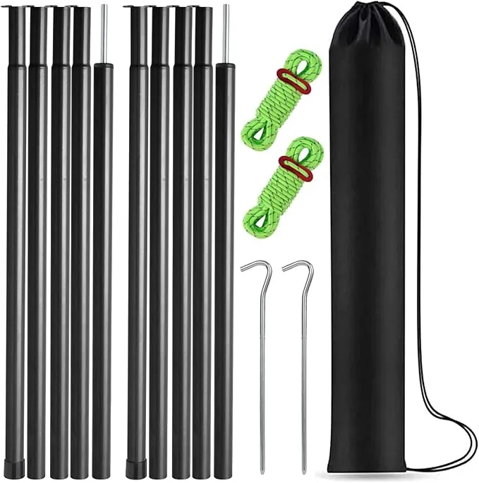 Tent Poles Adjustable Tarp Poles Steel Rods for Tarp Canopy Camping Replacement Set of 2  Pegs & Reflective Ropes