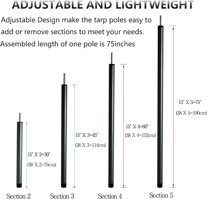 Tent Poles Adjustable Tarp Poles Steel Rods for Tarp Canopy Camping Replacement Set of 2  Pegs & Reflective Ropes