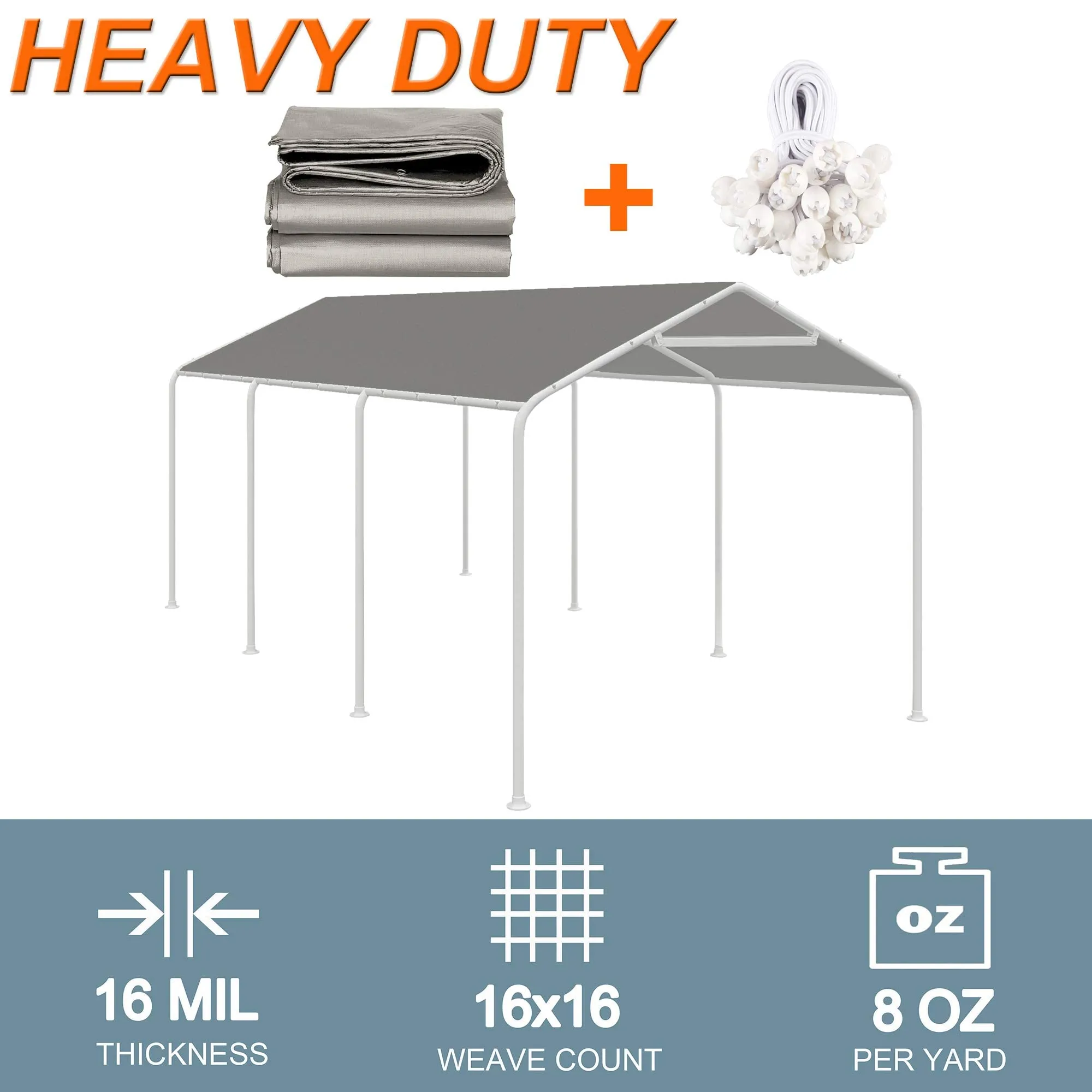 Thanaddo 10 x 20 Ft Carport Replacement Canopy Cover Garage Top Tent Shelter Tarp with Free 44 Ball Bungee Cords,Grey(Only Cover, Frame Not Include)