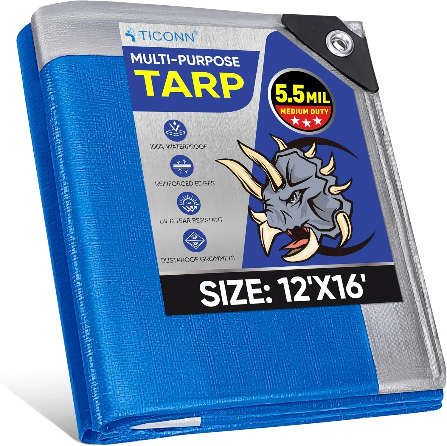 TICONN Heavy Duty Tarp Cover, Extra Thick Tarps Waterproof Tear and Rip Proof UV Resistant Tarpaulin with Reinforced Grommets and Edges (5.5 Mil, 12'x16')