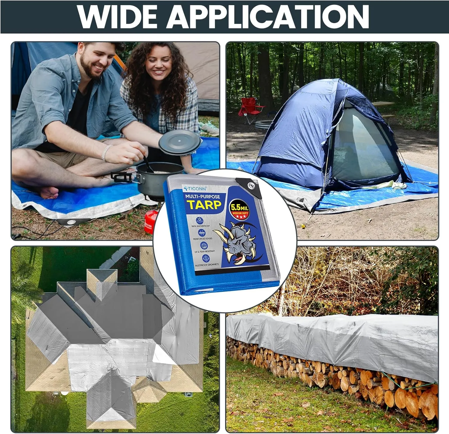 TICONN Heavy Duty Tarp Cover, Extra Thick Tarps Waterproof Tear and Rip Proof UV Resistant Tarpaulin with Reinforced Grommets and Edges (5.5 Mil, 12'x16')
