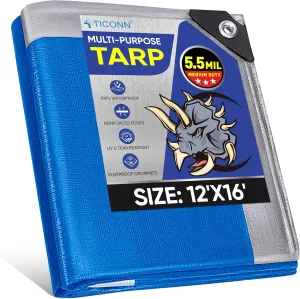 TICONN Heavy Duty Tarp Cover, Extra Thick Tarps Waterproof Tear and Rip Proof UV Resistant Tarpaulin with Reinforced Grommets and Edges (5.5 Mil, 12'x16')