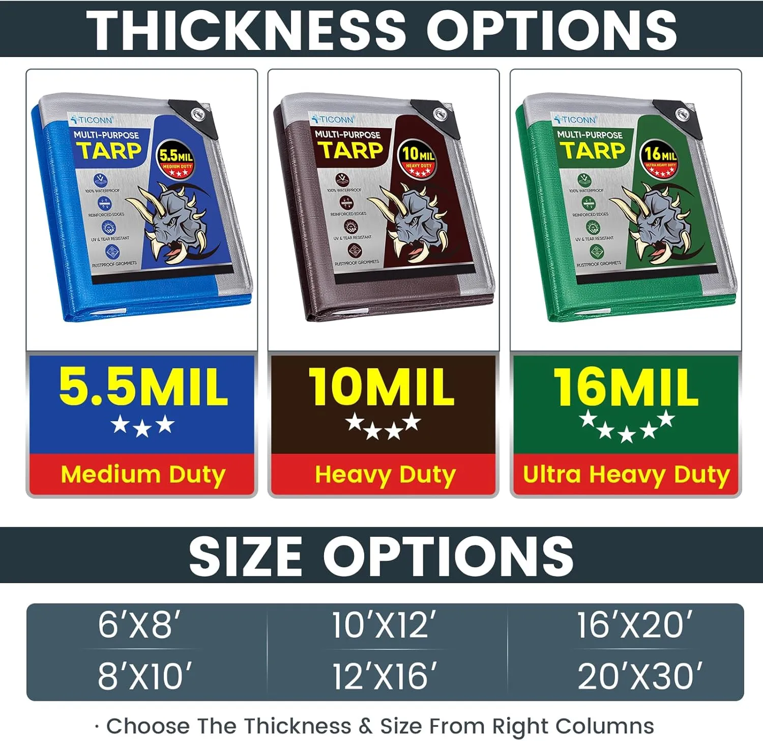 TICONN Heavy Duty Tarp Cover, Extra Thick Tarps Waterproof Tear and Rip Proof UV Resistant Tarpaulin with Reinforced Grommets and Edges (5.5 Mil, 12'x16')