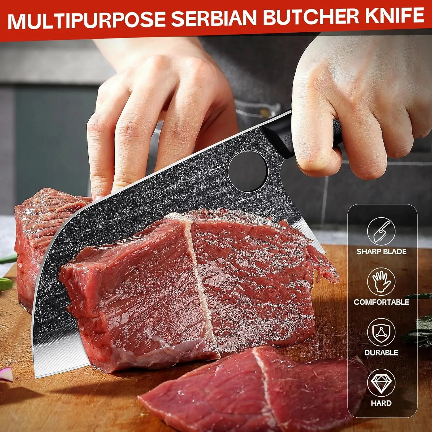 TIJERAS Butcher Knife Set, 3PCS Hand Forged Meat Cleaver, Serbian Chef Knife Set, Viking Knives with Sheaths, High Carbon Steel Meat Cutting Kitchen Knife Set for Kitchen Camping BBQ Gift Idea Men