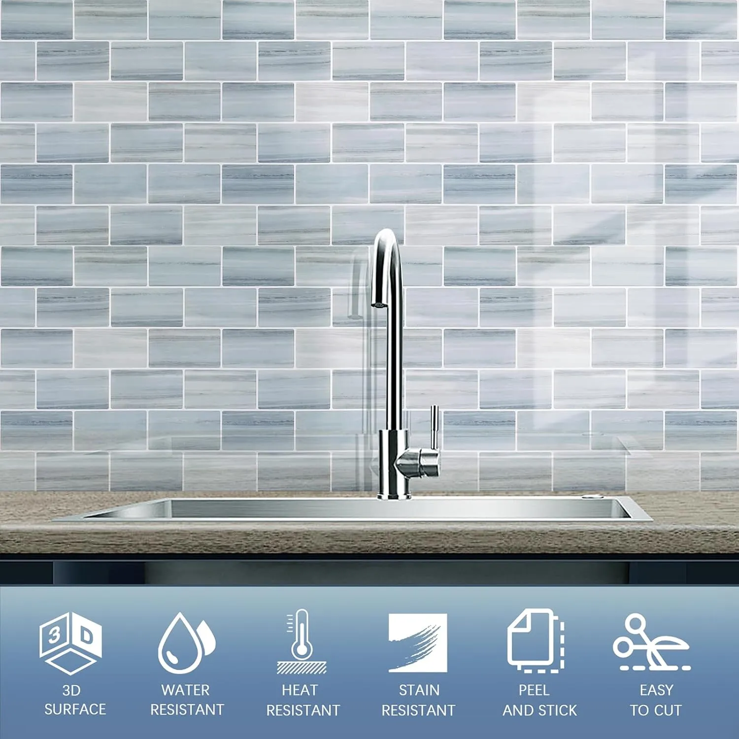 Tilingview 10PCS Peel and Stick Backsplash for Kitchen, Self-Adhesive Vinyl Gel Subway Tile, Wall Tile for Home Decoration (Blue Gray Subway)
