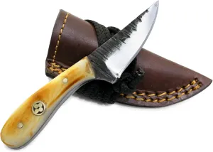 Titan International Knives Carbon 1080 Steel Skinning Utility Knife | Handmade Fixed Blade Color Coated & Hand Pounded | Burnt Bone Handle Perfect for Hunting and Outdoor Camping with Leather sheath